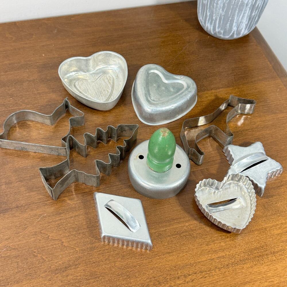 Vintage Lot of Aluminum Cookie Cutters, Mini Cake Pans Heart Donut Star Tree
